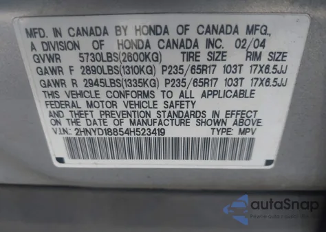 2004 Acura Mdx from USA, damaged, VIN 2HNYD18854H523419
